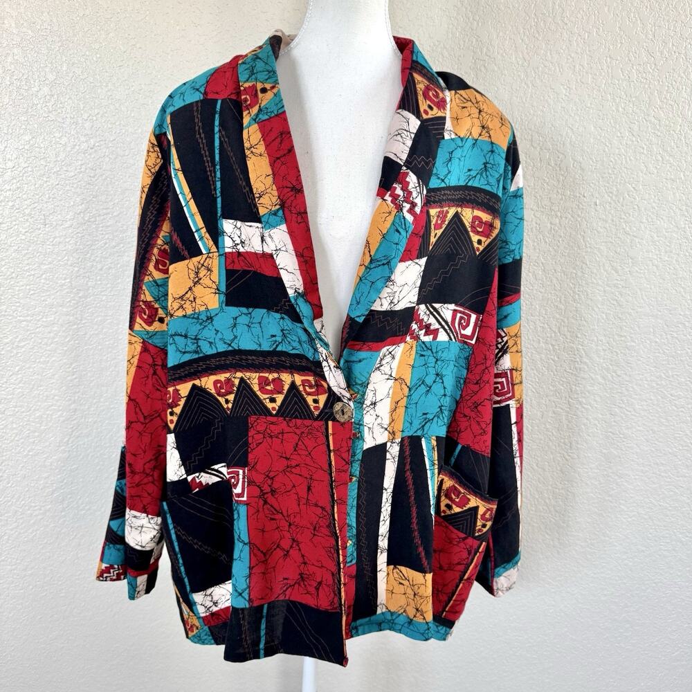 Vintage KARIBO Abstract Blazer Jacket 2X Colorblock 90s Oversized Abstract Art
